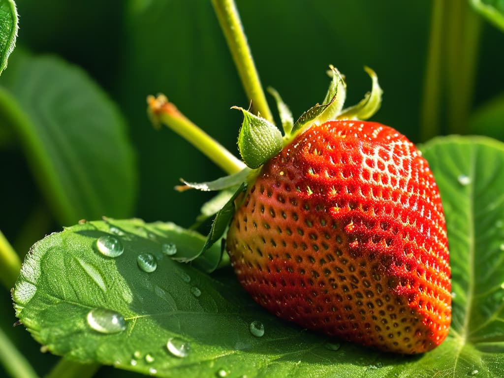  A closeup, ultradetailed photograph of a perfectly ripe strawberry, glistening with dew drops, showcasing its vibrant red hue and intricate seeds against a soft, blurred background of green leaves. hyperrealistic, full body, detailed clothing, highly detailed, cinematic lighting, stunningly beautiful, intricate, sharp focus, f/1. 8, 85mm, (centered image composition), (professionally color graded), ((bright soft diffused light)), volumetric fog, trending on instagram, trending on tumblr, HDR 4K, 8K