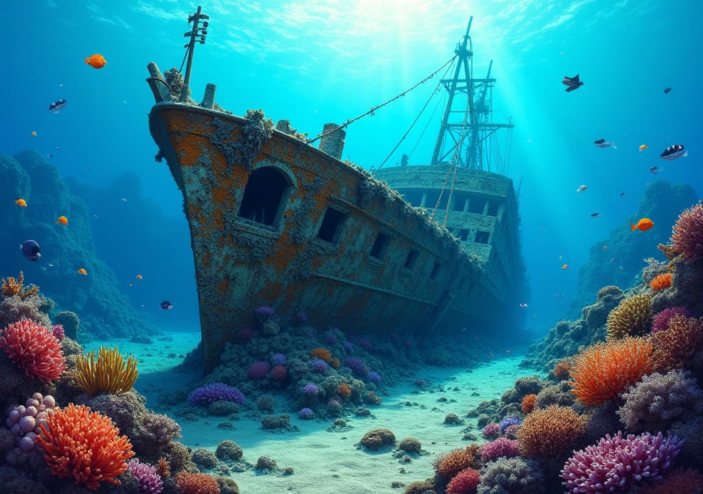  good quality, high quality, colorful shipwreck surrounded by vibrant marine life in an underwater wonderland