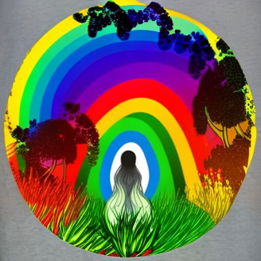  A circle where a girl has hair in rainbow color with different color of leaves and straight posture