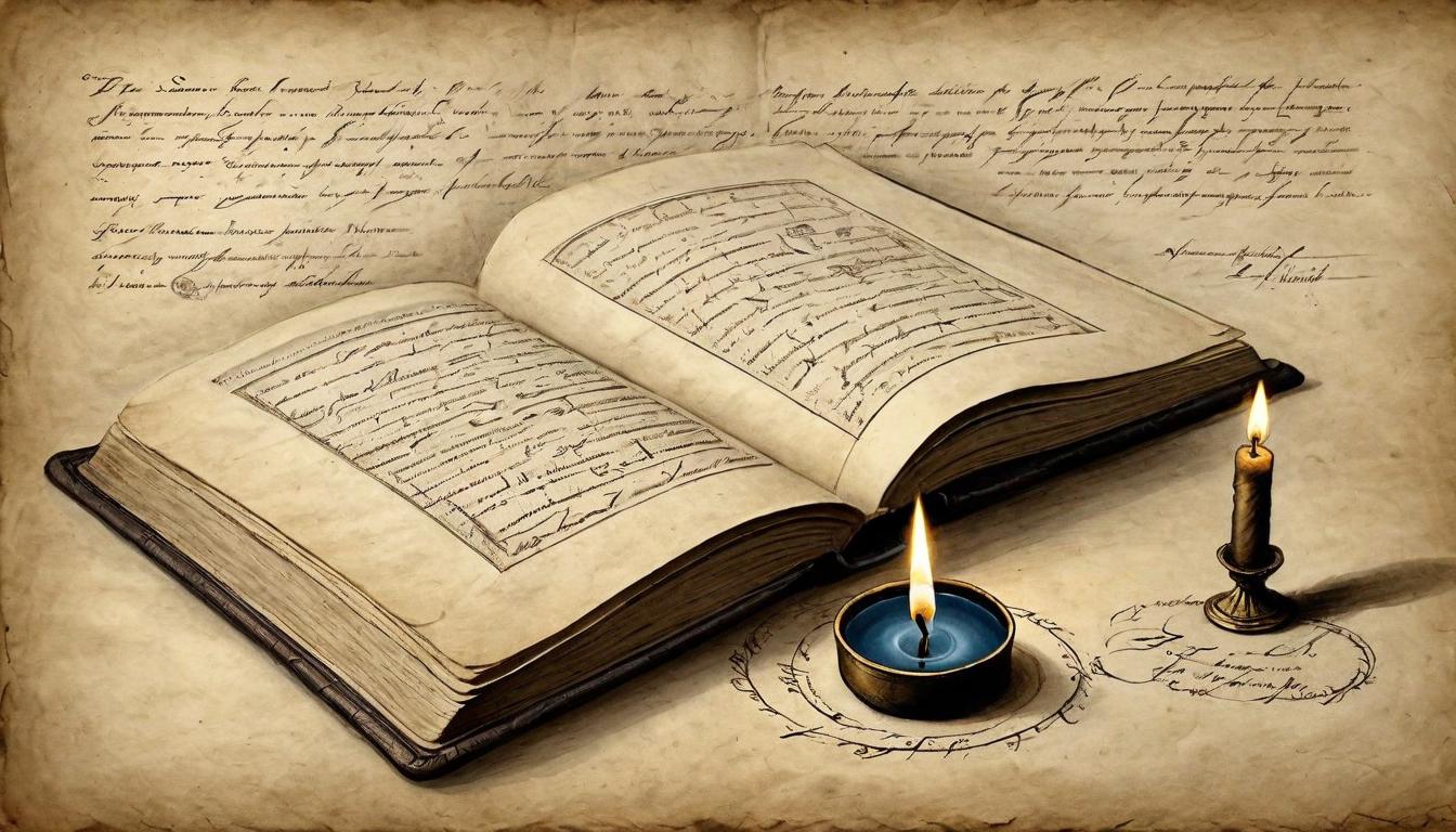  on parchment, surrealism+++, Lone candle casting a small circle of light amidst darkness, open book beside it with handwritten notes, sense of contemplation, clarity, motivation(mysterious, provocative, symbolic,muted color)+++