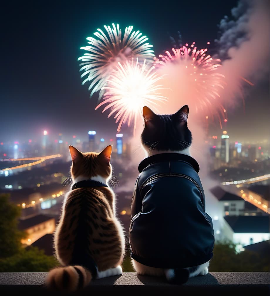  two cute cat, seen from behind, watch  spectacular fireworks over a big city hyperrealistic, full body, detailed clothing, highly detailed, cinematic lighting, stunningly beautiful, intricate, sharp focus, f/1. 8, 85mm, (centered image composition), (professionally color graded), ((bright soft diffused light)), volumetric fog, trending on instagram, trending on tumblr, HDR 4K, 8K