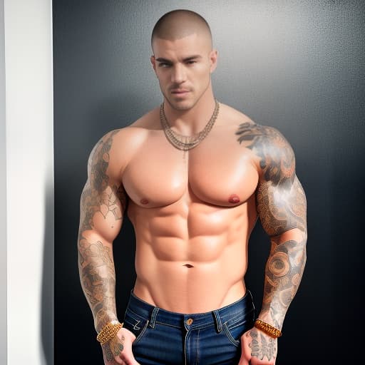  Full-body portrait photo of a 20 yea White American gangster male bodybuilder, buzzcut,  hair, cute big lips, pale skin, blue eyes, mustache,  manly face, strongest man in the world, impossibly big biceps, enormous triceps, huge shoulders, big pecs, extremely wide neck,  , medium sized , biggest calves ever, neck tattoos, full-body tattoos, neck tattoos, arm tattoos, leg tattoos, chest tattoos, 8-pack abs, no shirt, wearing black jeans with huge bulge in crotch, extremely mive bulge, multiple plain gold chain necklaces,  flexing in a city, making a  face.(photographic shot, full-body view, film grain:1.1) hyperrealistic, full body, detailed clothing, highly detailed, cinematic lighting, stunningly beautiful, intricate, sharp focus, f/1. 8, 85mm, (centered image composition), (professionally color graded), ((bright soft diffused light)), volumetric fog, trending on instagram, trending on tumblr, HDR 4K, 8K