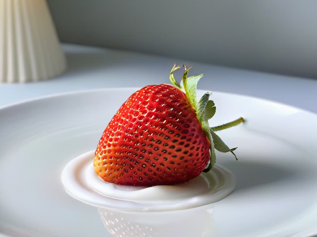  A closeup, ultradetailed image of a single ripe, vibrant strawberry resting on a pristine white porcelain plate, showcasing every tiny seed and droplet of water on its surface in crystalclear resolution. hyperrealistic, full body, detailed clothing, highly detailed, cinematic lighting, stunningly beautiful, intricate, sharp focus, f/1. 8, 85mm, (centered image composition), (professionally color graded), ((bright soft diffused light)), volumetric fog, trending on instagram, trending on tumblr, HDR 4K, 8K