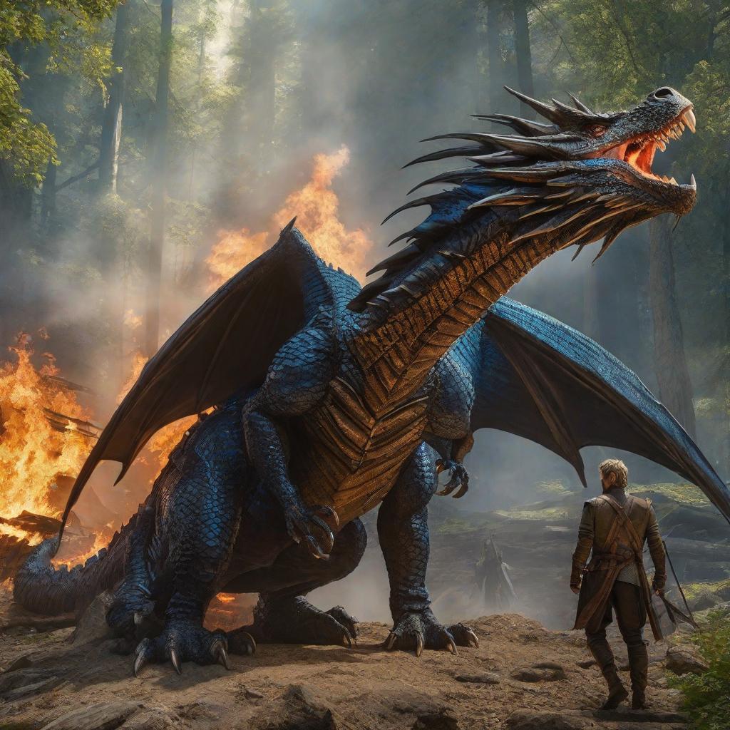  Drache saphira (Eragon film) gefesselt auf einer dunklen waldlichtung im feuerschein eines Lagerfeuer. Ihre Flügel wurden von schwarzen eisen ketten an ihren leib gepresst. Ihre Beine sind mit fußeisen gefesselt. Ein brauner Leder Maulkorb mit kopfriemen und wangenriemen und stirnriemen mit nasenbeinriemen längst über ihre Schnauze geschnallt. Ihre Hörner und wangenstacheln hell. Ihre Saphirblauen Schuppen und Augen glänzen im feuerschein., realistic, portrait, art by donato giancola and greg rutkowski, realistic face, digital art, trending on artstation hyperrealistic, full body, detailed clothing, highly detailed, cinematic lighting, stunningly beautiful, intricate, sharp focus, f/1. 8, 85mm, (centered image composition), (professionally color graded), ((bright soft diffused light)), volumetric fog, trending on instagram, trending on tumblr, HDR 4K, 8K