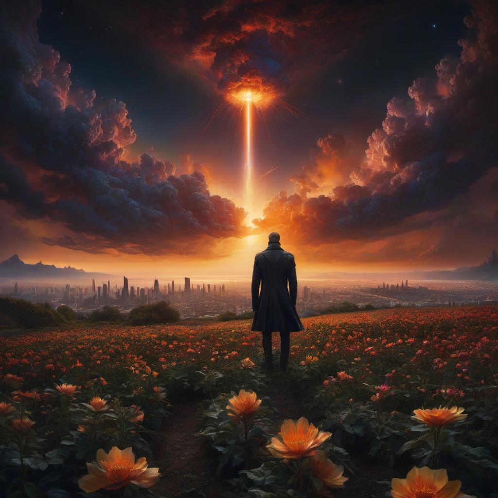  (stylized by Tomasz Alen Kopera:1.3) , dark art, dense flower field and Perseid meteor in background, landscape of a (Barcelona:1.2) , very Bizarre and 1600'S, Hurricane, Glitchcore, Amaro, layered textures, ornate, intricate artistic color, complimentary colors, very inspirational, atmosphere, fine artistic composition, sunny, theatrical hyperrealistic, full body, detailed clothing, highly detailed, cinematic lighting, stunningly beautiful, intricate, sharp focus, f/1. 8, 85mm, (centered image composition), (professionally color graded), ((bright soft diffused light)), volumetric fog, trending on instagram, trending on tumblr, HDR 4K, 8K