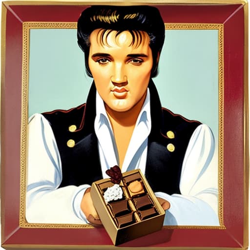  Elvis Presley holding an open box of fine chocolates. Painted in the style of Édouard Manet