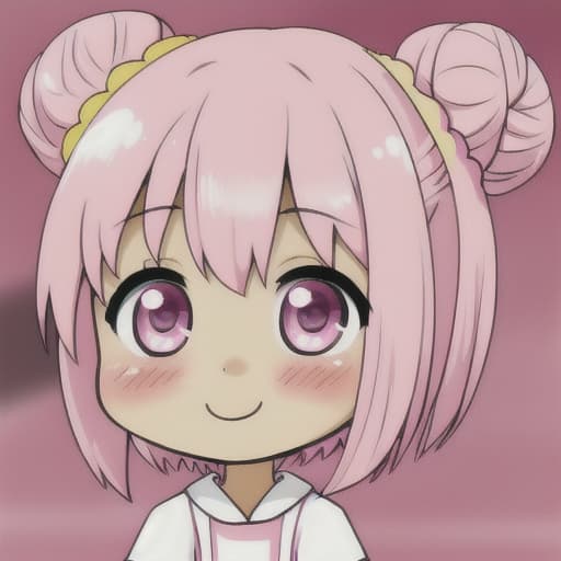  pink. twin bun hair. girl. chibi. cute. kawaii. background cute cosmetics. blurred blush painting. smiling cute