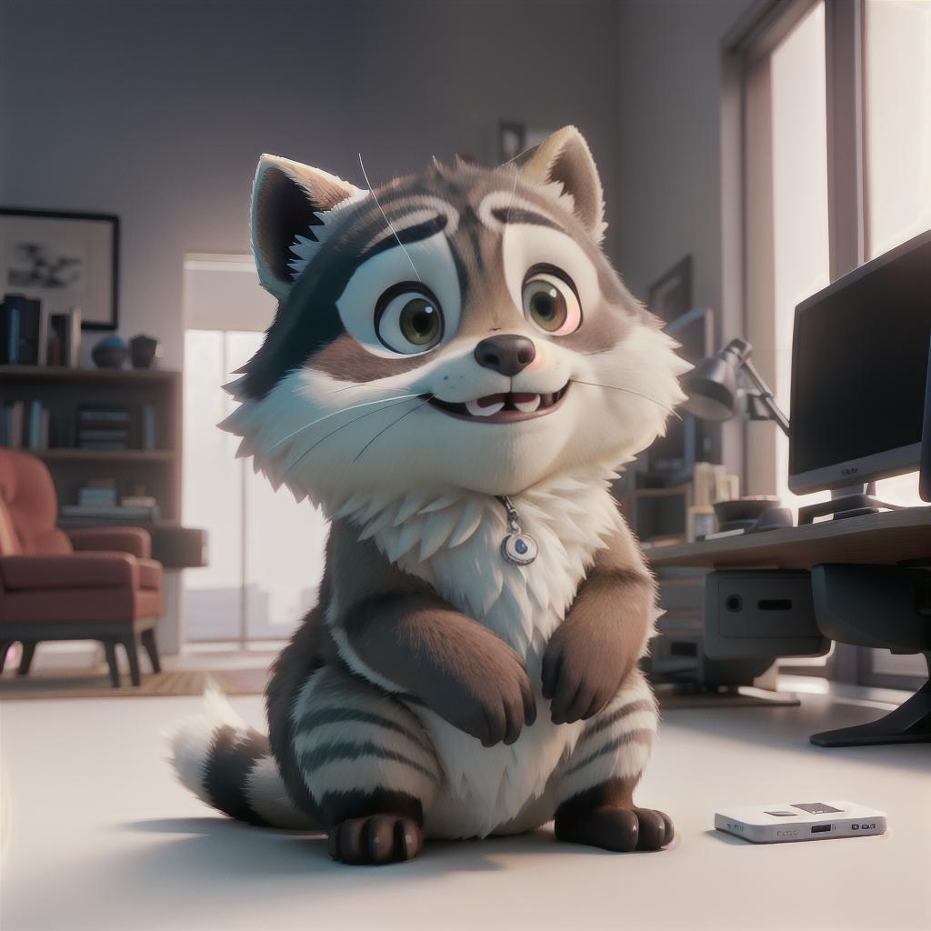  raccoon sitting in gaming chair front a computer on desktop, ((semi anthropomorphic)),(full body), tail, belly, sitting, fat, (chubby), (((white background))), solo, desktop, gaming chair, side view,  [[[clothes]]] hyperrealistic, full body, detailed clothing, highly detailed, cinematic lighting, stunningly beautiful, intricate, sharp focus, f/1. 8, 85mm, (centered image composition), (professionally color graded), ((bright soft diffused light)), volumetric fog, trending on instagram, trending on tumblr, HDR 4K, 8K