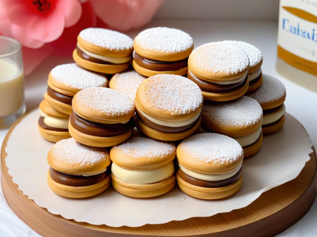  An ultradetailed closeup image of a homemade alfajor saludable, showcasing layers of delicate whole grain cookies sandwiched with rich, creamy dulce de leche made from coconut milk, all elegantly dusted with a light sprinkle of organic powdered sugar. The cookies are perfectly goldenbrown, displaying a slightly crispy texture on the edges, while the dulce de leche oozes out invitingly, promising a delectable balance of sweetness and healthiness. The image captures the essence of traditional Argentine alfajores reimagined through a modern and nutritious lens, enticing the viewer with its minimalist yet enticing presentation. hyperrealistic, full body, detailed clothing, highly detailed, cinematic lighting, stunningly beautiful, intricate, sharp focus, f/1. 8, 85mm, (centered image composition), (professionally color graded), ((bright soft diffused light)), volumetric fog, trending on instagram, trending on tumblr, HDR 4K, 8K