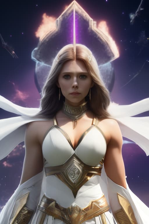 redshift style Elizabeth Olsen, Female Sorceress, White Witch Armor, Big Anime Girl Eyes, Ancient Tribal Tattoos, Detailed Face, Beautiful Face, Upper Body View Portrait, Built Female Body Physique, Toned Female Muscle, Female Body Shape, Fit Female Body, 4KUHD quality, 1080i, 1080p, Cinematic Quality, Dramatic Lighting, Bokeh, Unreal Engine 5, Cel Shaded Style, Surrounded by Cosmic Fire, Anime Asthetic, DBZ Asthetic, Studio Ghibli Asthetic, Dungeons and Dragons Asthetic, Gladiator Background, Battlefield Background [DreamGlow (NEW)], porealistic, high quality, highly detailed, cinematic lighting, intricate, sharp focus, f/1. 8, 85mm, (centered image composition), (professionally color graded), ((bright soft diffused light)), volumetric fog, trending on 