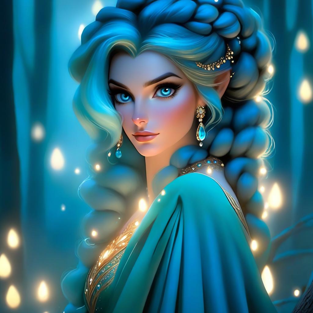  ethereal fantasy concept art of (A beautiful ) with knee length brown hair and very sad blue eyes. She had precise facial features, arched eyebrows, and pale, porcelain like skin. Her ears were small, neat and rounded. She was dressed in the latest fashion: silk trousers the colour of early dawn, a gold brocade dressing gown with fur and tied with a sash. Her pale wrists were wrapped in tinkling celets, and her slender neck was adorned with a necklace made of frozen dewdrops. The beauty came closer, and the wolf cub ducked to the ground just in case. He saw the saffiano shoes with curved toes freeze right next to his muzzle. . magnificent, celestial, ethereal, painterly, epic, majestic, magical, fantasy art, cover art hyperrealistic, full body, detailed clothing, highly detailed, cinematic lighting, stunningly beautiful, intricate, sharp focus, f/1. 8, 85mm, (centered image composition), (professionally color graded), ((bright soft diffused light)), volumetric fog, trending on instagram, trending on tumblr, HDR 4K, 8K