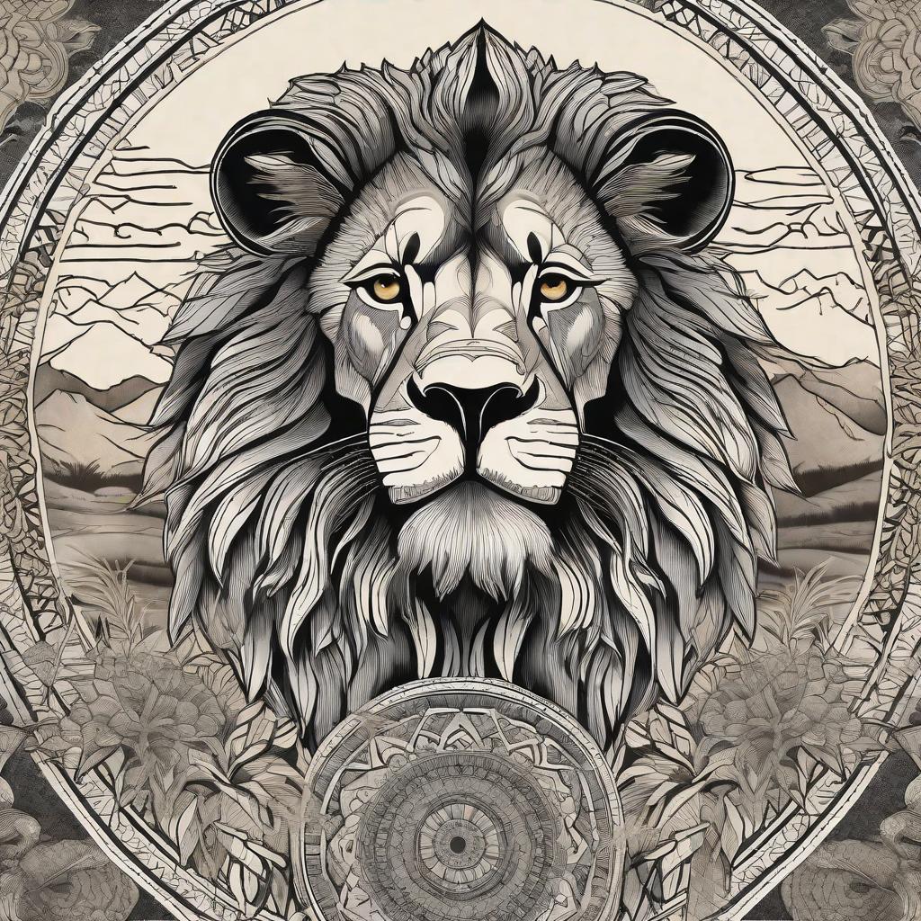  masterpiece, best quality, A majestic lion with a flowing black and grey mandala tattoo adorning its muscular body. The intricate mandala design entwines with the lion's fur, creating a mesmerizing visual display. The lion stands proudly in a vast, open savannah, surrounded by tall golden grass and distant acacia trees. The atmosphere is serene and peaceful, with a hint of untamed wilderness. The style of this prompt is a highly detailed black and white photograph, capturing every intricate detail of the lion's tattoo and its surroundings. The lighting is soft and diffused, casting a gentle glow on the lion's regal face and emphasizing the delicate patterns of the mandala tattoo. The realization of this prompt is achieved using a high-resol