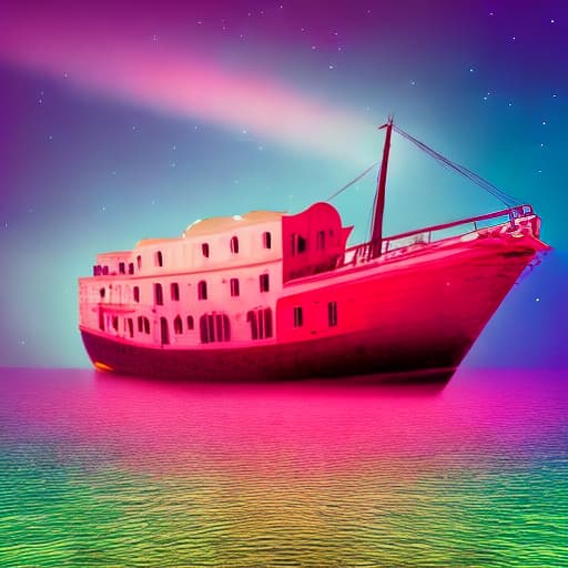 dublex style sinking ship at night, with pink, violet clouds and clear water