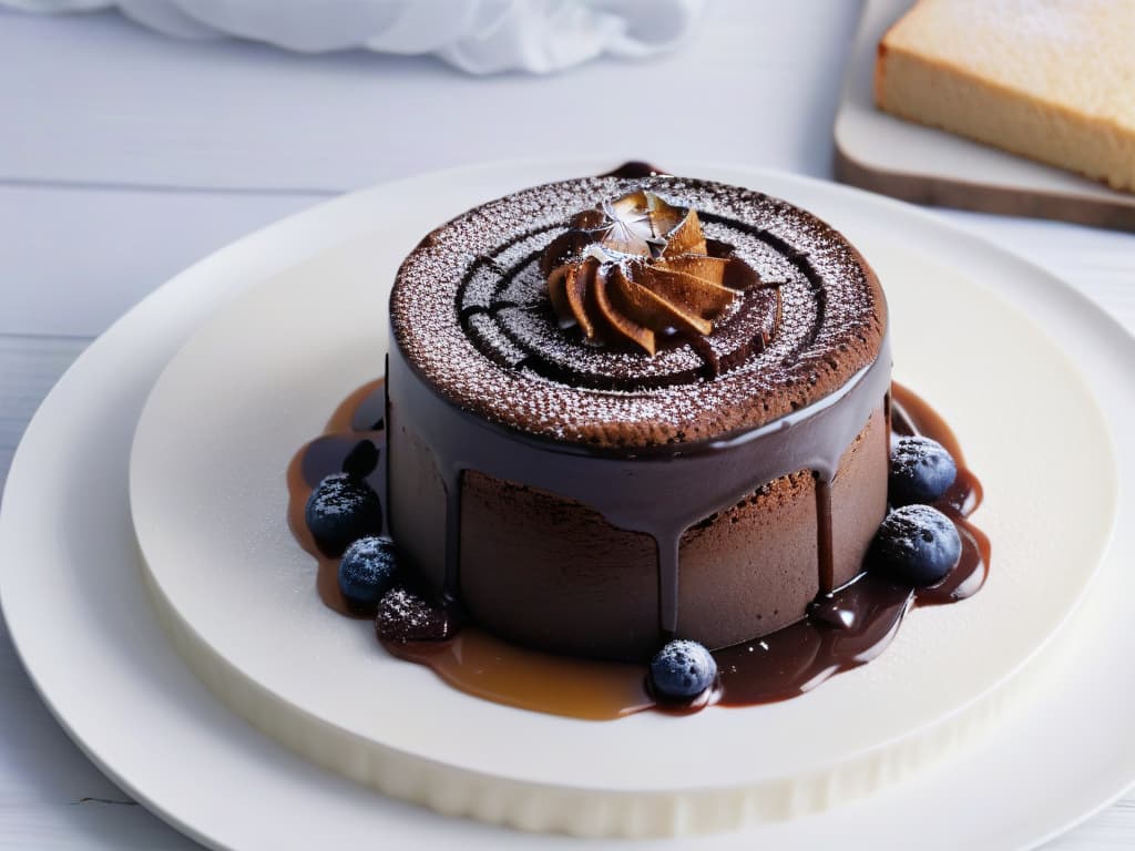  A closeup photograph of a decadent chocolate lava cake drizzled with rich, glossy balsamic vinegar reduction, showcasing the contrast between the velvety smooth texture of the dessert and the intricate swirls of the dark, syrupy glaze. The cake sits on a sleek, modern plate with a subtle sheen, emphasizing the elegant presentation and sophisticated touch of using balsamic vinegar in gourmet desserts. The lighting is soft and focused, highlighting the intricate details of the dessert and creating a visually striking image that conveys both luxury and culinary artistry. hyperrealistic, full body, detailed clothing, highly detailed, cinematic lighting, stunningly beautiful, intricate, sharp focus, f/1. 8, 85mm, (centered image composition), (professionally color graded), ((bright soft diffused light)), volumetric fog, trending on instagram, trending on tumblr, HDR 4K, 8K