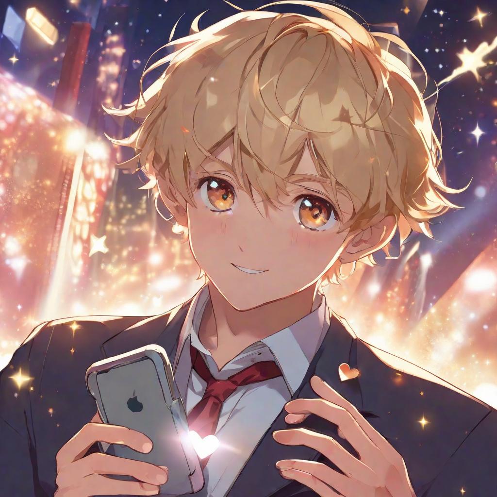  masterpiece, best quality, //boy,gen bangs, blonde_hair, blush, collar, collarbone, face, hand_on_own_face, heart, lens_flare, letterboxed, male_focus, phone_screen, sparkle, sparkle_background, viewfinder