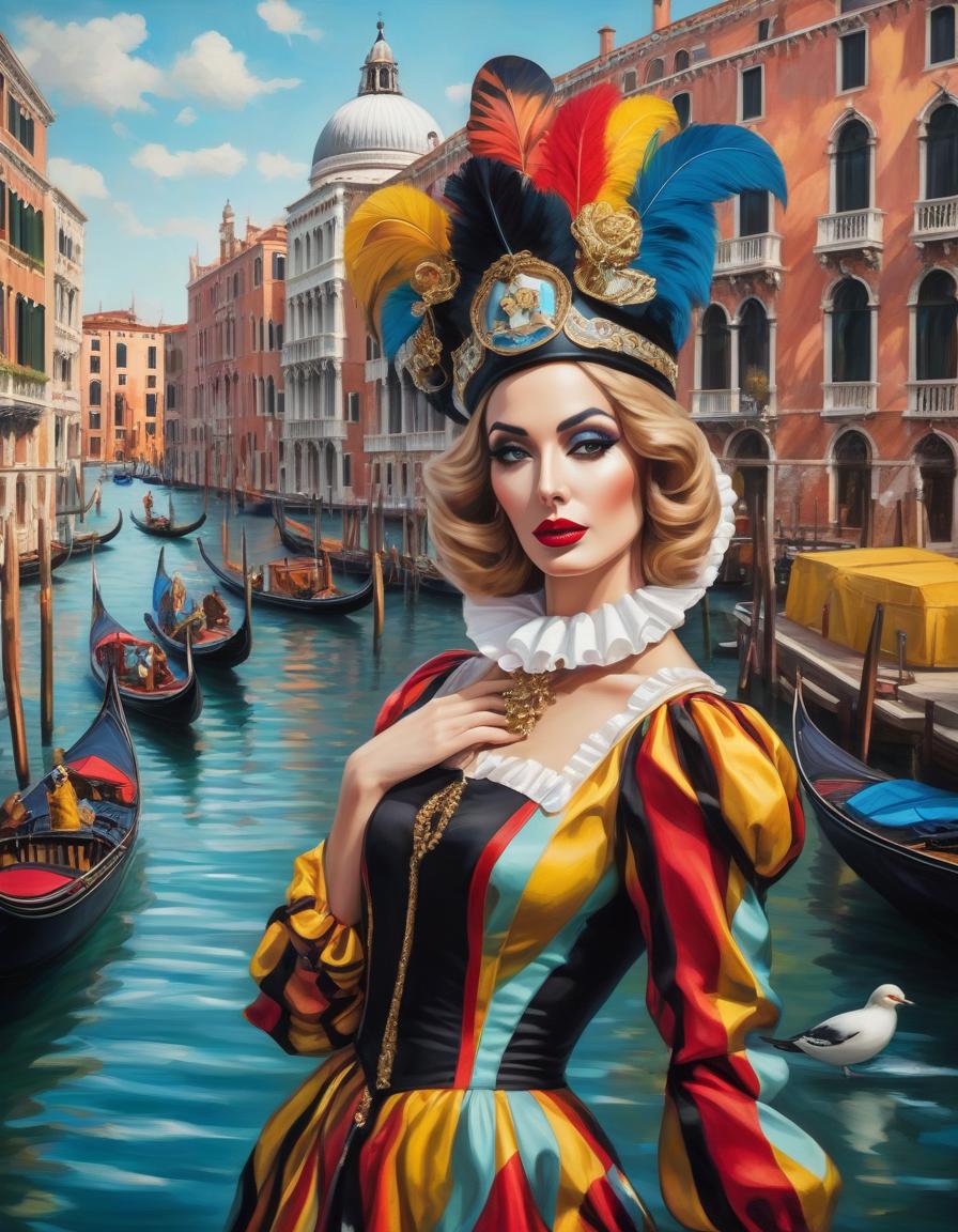  A woman in the style of neopop surrealism, wearing an harlequin costume and hat with black stripes on it, stands near Venice's Grand Canal on water canals, colorful background, in the style of "Srieda", oil paint, strong colors, a gondola boat behind her, a palace with gold domes, a bird sitting on top of its head, she has large earrings with pearl accents, bright red lips, geometric patterns, bright blue sky, vivid, colorful, cartoonish, white clouds, big eyes, thin eyebrows, black hair. hyperrealistic, full body, detailed clothing, highly detailed, cinematic lighting, stunningly beautiful, intricate, sharp focus, f/1. 8, 85mm, (centered image composition), (professionally color graded), ((bright soft diffused light)), volumetric fog, trending on instagram, trending on tumblr, HDR 4K, 8K