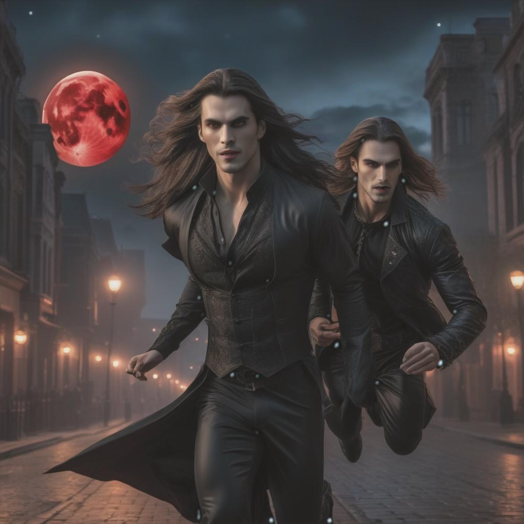  A young brunette man with long hair runs after a vampire girl wearing a black gothic outfit. The background is a night city and the night sky is filled with a red moon. hyperrealistic, full body, detailed clothing, highly detailed, cinematic lighting, stunningly beautiful, intricate, sharp focus, f/1. 8, 85mm, (centered image composition), (professionally color graded), ((bright soft diffused light)), volumetric fog, trending on instagram, trending on tumblr, HDR 4K, 8K