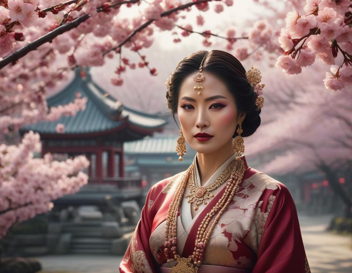  An illustration of a woman in traditional Asian attire with intricate jewelry, against a backdrop of cherry blossoms. hyperrealistic, full body, detailed clothing, highly detailed, cinematic lighting, stunningly beautiful, intricate, sharp focus, f/1. 8, 85mm, (centered image composition), (professionally color graded), ((bright soft diffused light)), volumetric fog, trending on instagram, trending on tumblr, HDR 4K, 8K