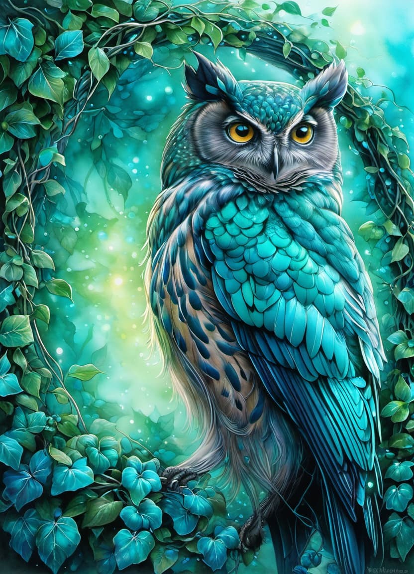  Digital illustration in ink and watercolour on vellum. Gorgeous correct, realistic owl. Turquoise gradient. Beautiful, majestic, mystical, epic look:: detailed turquoise plumage. Background:: surreal abstract with an arch of tree vines, ivy and glowing night violets. Glowing particles. Detail. Stylistics: fairy tale, dream, fantasy. In the manner of Peter Papikhin, Fragonard and Van Gogh. High quality, HDR. hyperrealistic, full body, detailed clothing, highly detailed, cinematic lighting, stunningly beautiful, intricate, sharp focus, f/1. 8, 85mm, (centered image composition), (professionally color graded), ((bright soft diffused light)), volumetric fog, trending on instagram, trending on tumblr, HDR 4K, 8K