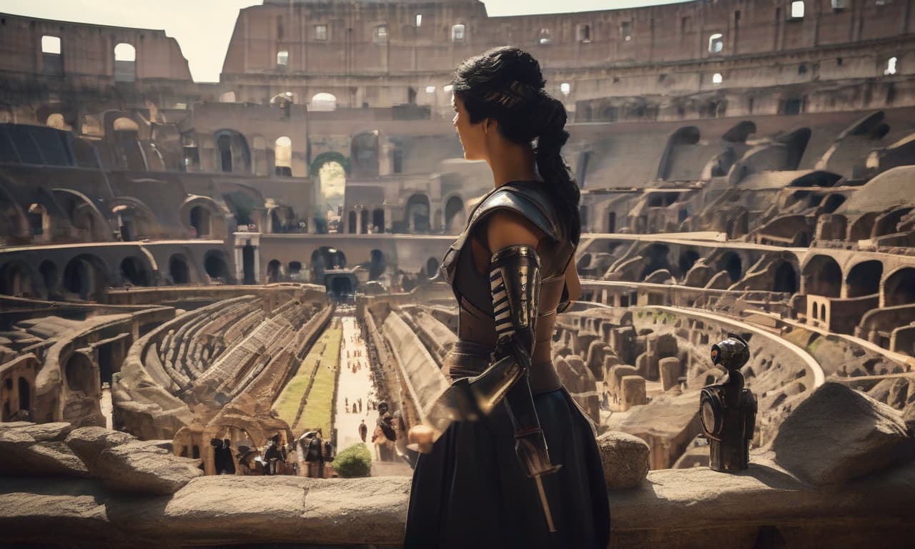  A bird's eye view, A girl with black hair tied in a bun, fights robots on the arena of the Colosseum. hyperrealistic, full body, detailed clothing, highly detailed, cinematic lighting, stunningly beautiful, intricate, sharp focus, f/1. 8, 85mm, (centered image composition), (professionally color graded), ((bright soft diffused light)), volumetric fog, trending on instagram, trending on tumblr, HDR 4K, 8K