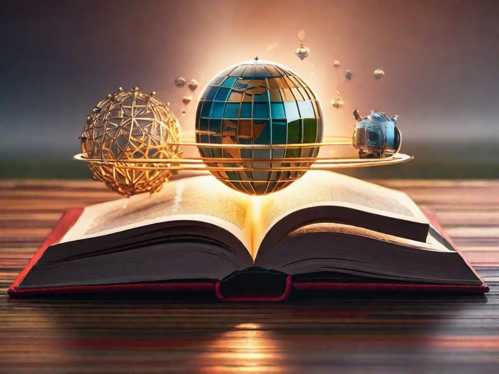  An open book with a glowing AI symbol hovering above it, surrounded by various educational icons like a pencil, a globe, and a microscope. The background is a futuristic digital interface with lines of code and data streams. digital art, ilustration, no flares, clean hyperrealistic, full body, detailed clothing, highly detailed, cinematic lighting, stunningly beautiful, intricate, sharp focus, f/1. 8, 85mm, (centered image composition), (professionally color graded), ((bright soft diffused light)), volumetric fog, trending on instagram, trending on tumblr, HDR 4K, 8K