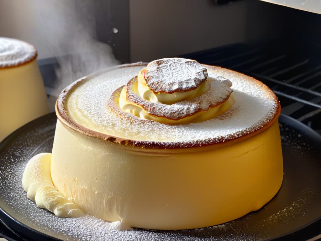  A closeup, ultradetailed image of a perfectly goldenbrown soufflé emerging from the oven, with wisps of steam curling upwards and the delicate rise of the soufflé captured in exquisite detail. The surface is adorned with a light dusting of powdered sugar, and the texture of the soufflé is so clear that every tiny air bubble is visible, showcasing the artistry and precision required in pastry competitions. hyperrealistic, full body, detailed clothing, highly detailed, cinematic lighting, stunningly beautiful, intricate, sharp focus, f/1. 8, 85mm, (centered image composition), (professionally color graded), ((bright soft diffused light)), volumetric fog, trending on instagram, trending on tumblr, HDR 4K, 8K