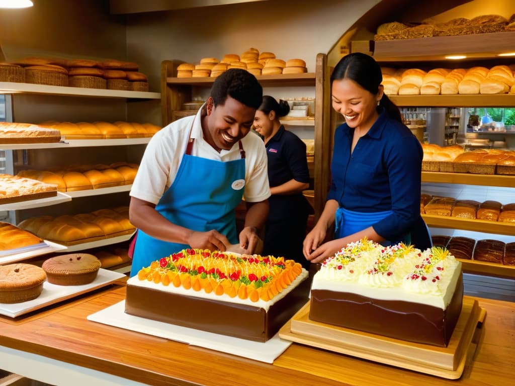  A bustling bakery scene showcasing a diverse group of workers engaged in fair trade practices, such as exchanging goods with smiling farmers and artisans. The background displays shelves filled with colorful and ethically sourced ingredients, while the foreground features a baker carefully crafting a beautifully decorated cake. The atmosphere is vibrant, with sunlight streaming through a window, casting a warm glow over the scene and emphasizing the importance of ethical choices in the baking industry. hyperrealistic, full body, detailed clothing, highly detailed, cinematic lighting, stunningly beautiful, intricate, sharp focus, f/1. 8, 85mm, (centered image composition), (professionally color graded), ((bright soft diffused light)), volumetric fog, trending on instagram, trending on tumblr, HDR 4K, 8K