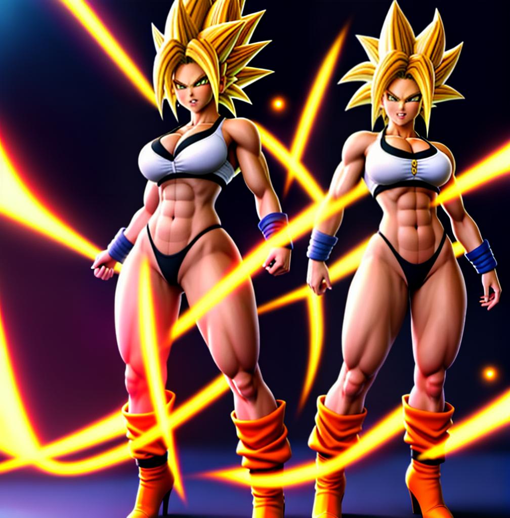  ((foto de cuerpo completo, pie plano, cuerpo recto)), ((laura {Super Super Saiyan mujer con grandes pechos})), ((lleva puesto son goku+Los disfraces de ella son extremadamente ajustados a su cuerpo.))