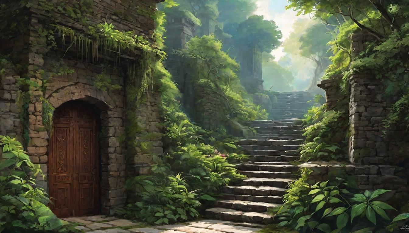  digital painting of Journey depicted through stairs and doorways, advancing levels, symbolism of growth, personal transition looking at viewer, dynamic pose, (intricate details, masterpiece, best quality)