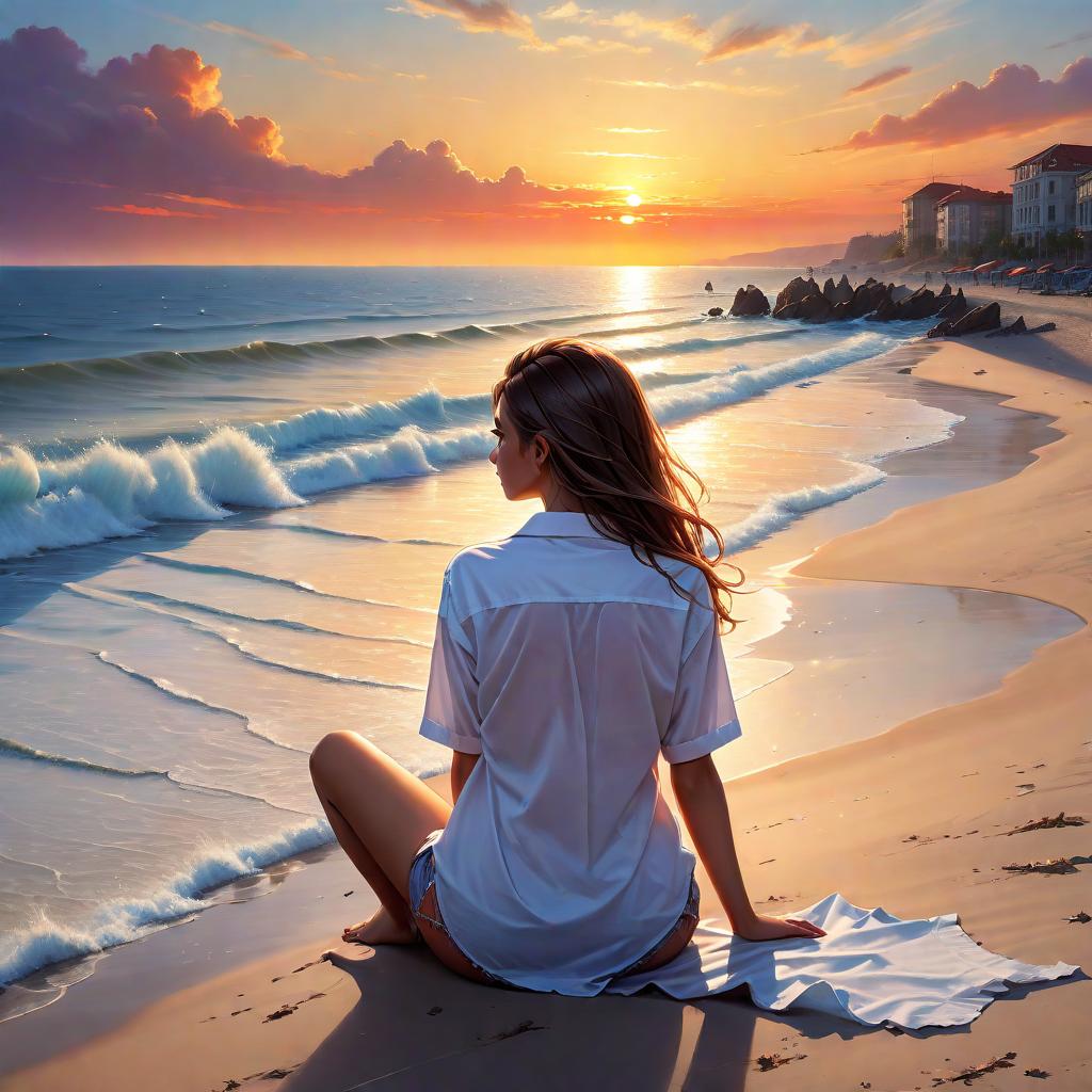  (best quality, masterpiece), (((high detail))), Crazy sunset and a model sitting on the beach facing the sea and you see only the angle of her back facing the sea and a crazy sunset in a huge background full of beauty with a white on down shirt