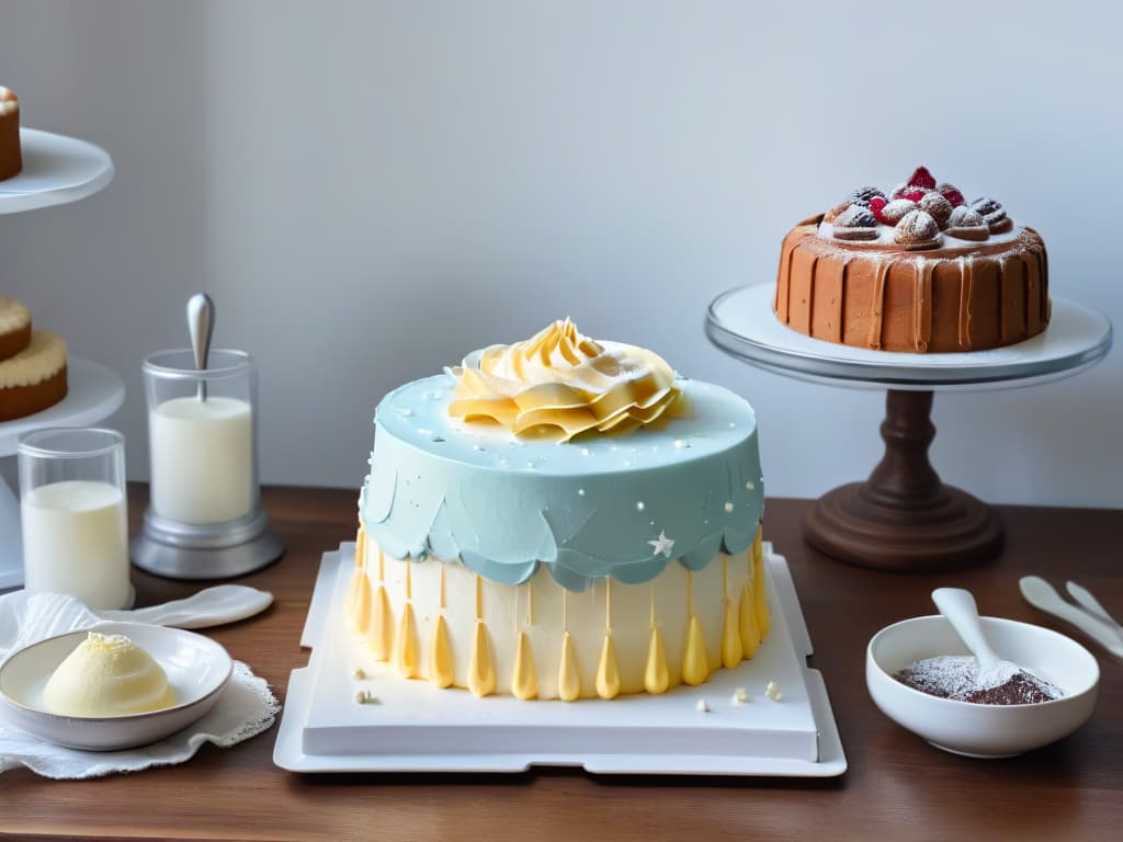  A minimalistic image featuring a sleek, organized kitchen counter with neatly arranged baking tools such as measuring cups, mixing bowls, spatulas, and a beautifully decorated cake stand with a freshly baked, intricately designed cake as the centerpiece. The background is softly blurred to keep the focus on the meticulous setup, conveying a sense of preparation and creativity for a baking adventure. hyperrealistic, full body, detailed clothing, highly detailed, cinematic lighting, stunningly beautiful, intricate, sharp focus, f/1. 8, 85mm, (centered image composition), (professionally color graded), ((bright soft diffused light)), volumetric fog, trending on instagram, trending on tumblr, HDR 4K, 8K