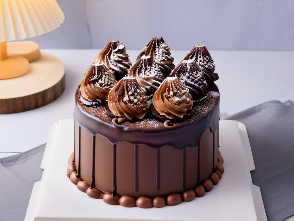  A closeup, ultradetailed image of a rich, velvety dark chocolate ganache being meticulously poured over a decadent triplelayer chocolate cake. The glossy ganache cascades elegantly down the sides, glistening under soft ambient lighting to highlight every luscious drip and curve, showcasing the indulgent texture and intense cocoa color. The cake sits on a sleek, modern marble countertop, with a scattering of cocoa powder dusting the edges, adding a touch of artful presentation to this mouthwatering scene. hyperrealistic, full body, detailed clothing, highly detailed, cinematic lighting, stunningly beautiful, intricate, sharp focus, f/1. 8, 85mm, (centered image composition), (professionally color graded), ((bright soft diffused light)), volumetric fog, trending on instagram, trending on tumblr, HDR 4K, 8K