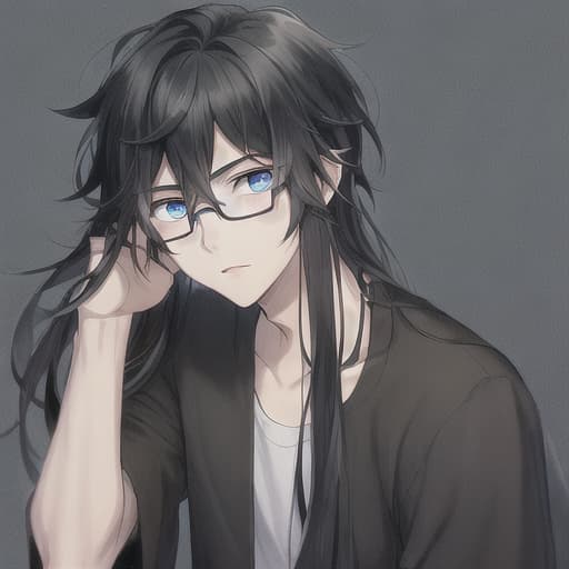  kawai boy, with semi long black hair and blue eyes, black glasses
