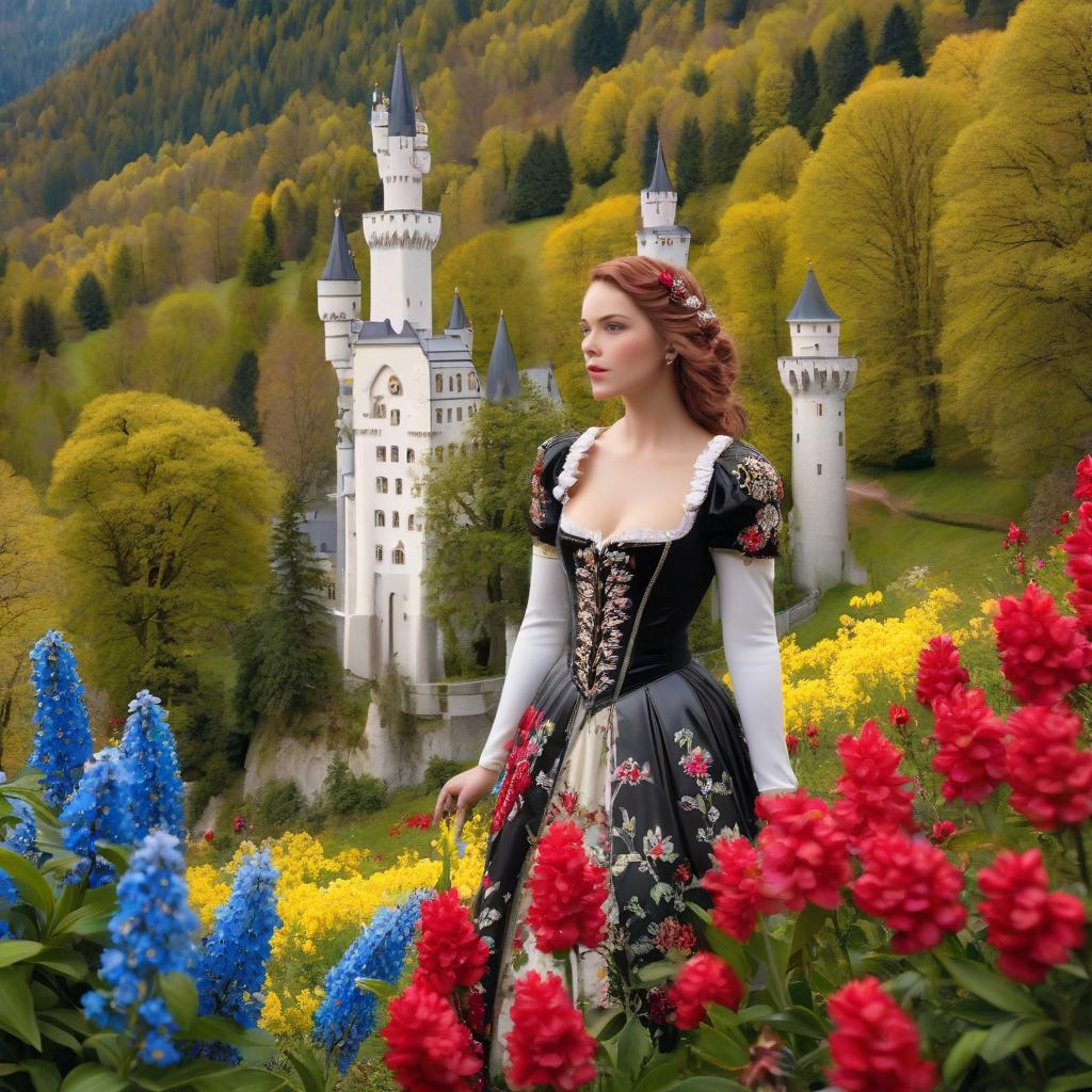  Neuschwanstein. ((Sparkling rim)): spring field, hyacinths, roses, rosehips, rose hips, peonies, cherry tree, yellow, red, black flowers, forget me nots. hyperrealistic, full body, detailed clothing, highly detailed, cinematic lighting, stunningly beautiful, intricate, sharp focus, f/1. 8, 85mm, (centered image composition), (professionally color graded), ((bright soft diffused light)), volumetric fog, trending on instagram, trending on tumblr, HDR 4K, 8K