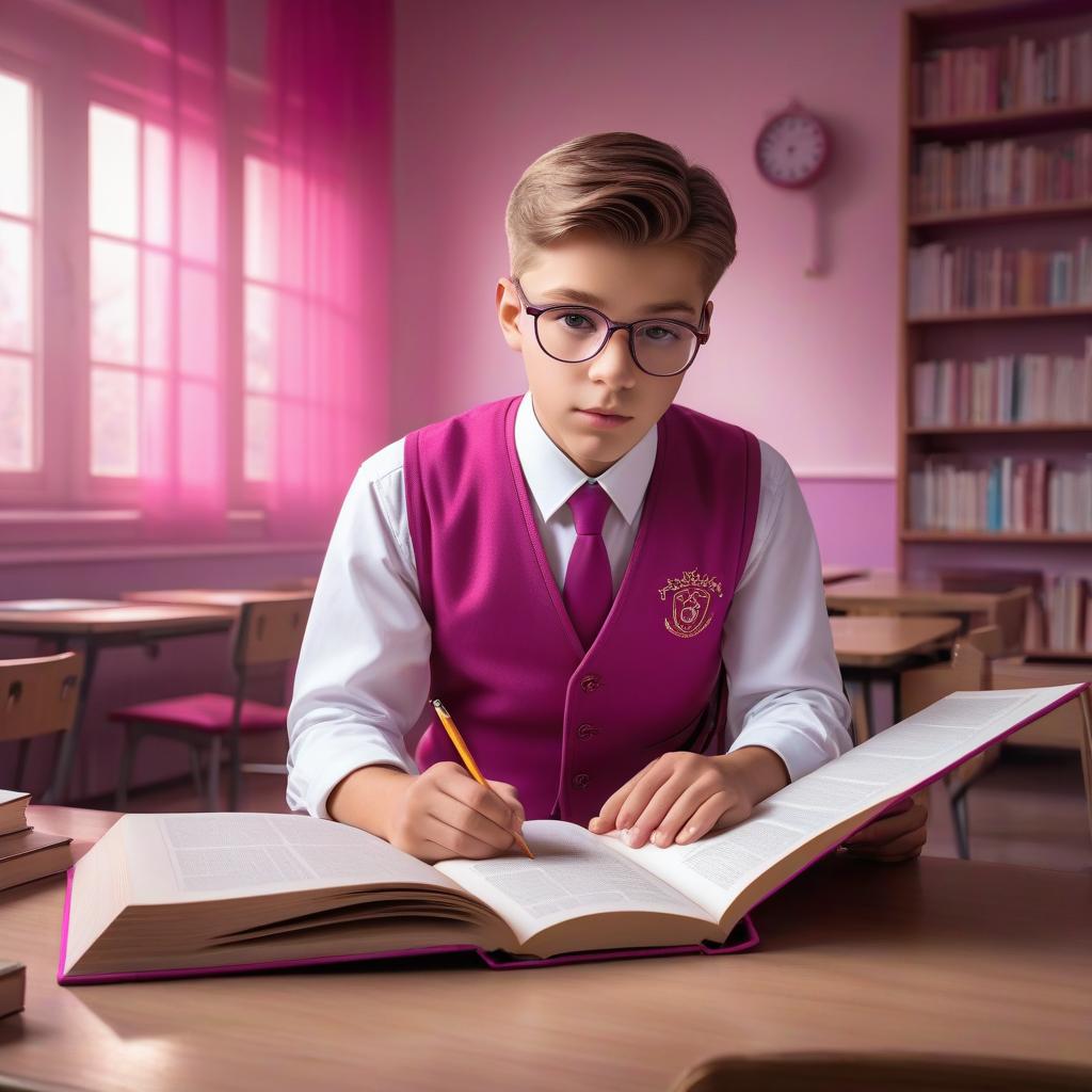  Boy with a math book. Math lesson in school. School in Russia. Boy is studying math and attentively reading the book. Pink shades, fuchsia color. School uniform. hyperrealistic, full body, detailed clothing, highly detailed, cinematic lighting, stunningly beautiful, intricate, sharp focus, f/1. 8, 85mm, (centered image composition), (professionally color graded), ((bright soft diffused light)), volumetric fog, trending on instagram, trending on tumblr, HDR 4K, 8K