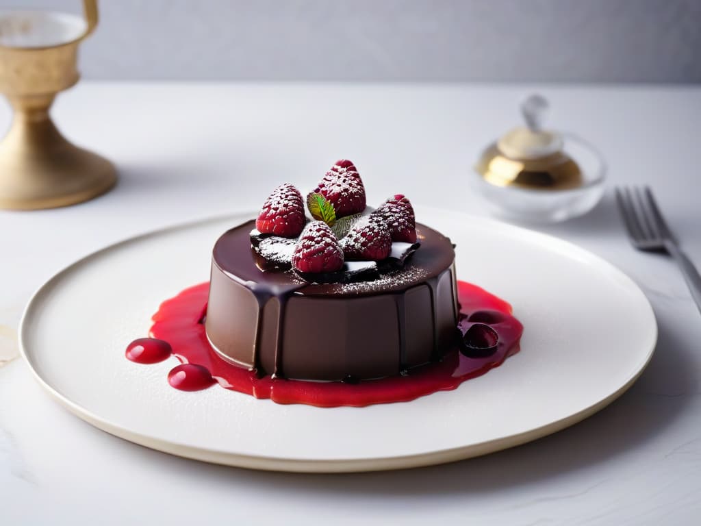  A closeup, ultradetailed image of a delicate chocolate dessert topped with a vibrant, fresh raspberry coulis drizzle, garnished with a single gold leaf resting on a white, minimalist plate. The dessert is elegantly presented, showcasing intricate layers and textures, inviting viewers to appreciate the artistry and flavors of this multisensorial experience. hyperrealistic, full body, detailed clothing, highly detailed, cinematic lighting, stunningly beautiful, intricate, sharp focus, f/1. 8, 85mm, (centered image composition), (professionally color graded), ((bright soft diffused light)), volumetric fog, trending on instagram, trending on tumblr, HDR 4K, 8K