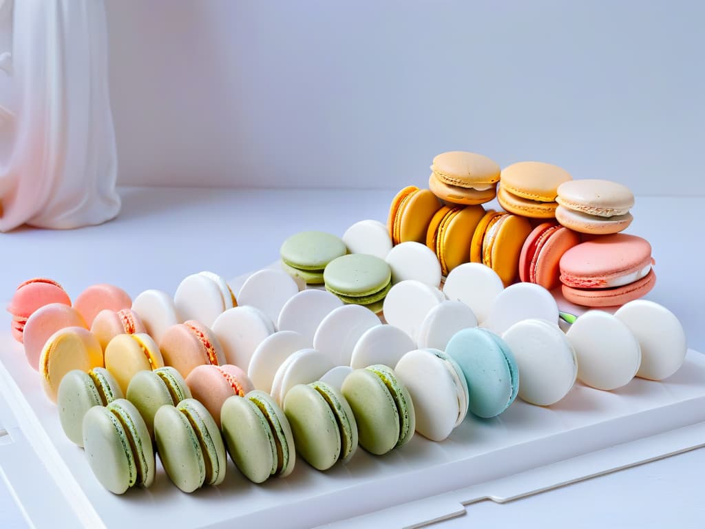  An ultradetailed image of a pristine white marble countertop elegantly decorated with a symmetrical arrangement of pastelcolored, perfectly shaped macarons. Each macaron is delicately filled and flawlessly assembled, showcasing a variety of hues that evoke a sense of elegance and precision. The soft, natural lighting highlights the smooth texture of the macarons, emphasizing their precise form and inviting pastel colors. The background is subtly blurred, focusing all attention on the exquisite details and seamless presentation of the macarons, making them appear almost too perfect to touch. hyperrealistic, full body, detailed clothing, highly detailed, cinematic lighting, stunningly beautiful, intricate, sharp focus, f/1. 8, 85mm, (centered image composition), (professionally color graded), ((bright soft diffused light)), volumetric fog, trending on instagram, trending on tumblr, HDR 4K, 8K