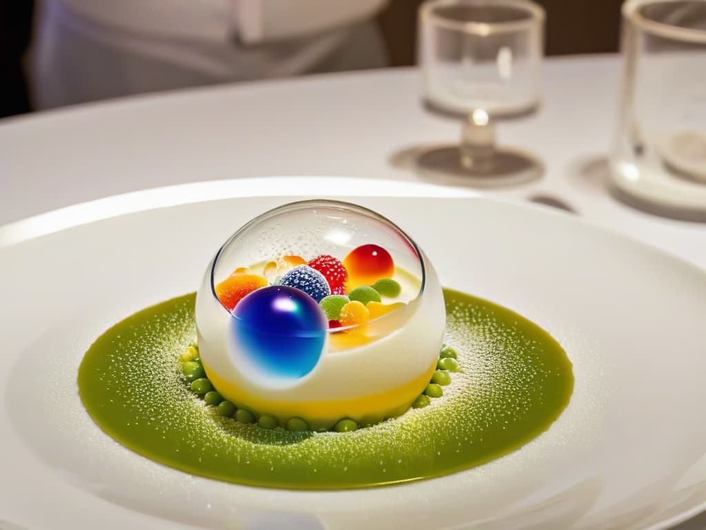  An image of a delicate, transparent sphere filled with colorful, tiny edible bubbles, resting elegantly on a sleek, modern plate. The background is a soft focus of a bustling molecular gastronomy kitchen, with stainless steel surfaces and chefs in crisp white coats meticulously working on intricate dessert creations. The lighting is warm and inviting, casting a soft glow on the spherical creation, highlighting the precision and artistry of molecular pastry techniques. hyperrealistic, full body, detailed clothing, highly detailed, cinematic lighting, stunningly beautiful, intricate, sharp focus, f/1. 8, 85mm, (centered image composition), (professionally color graded), ((bright soft diffused light)), volumetric fog, trending on instagram, trending on tumblr, HDR 4K, 8K