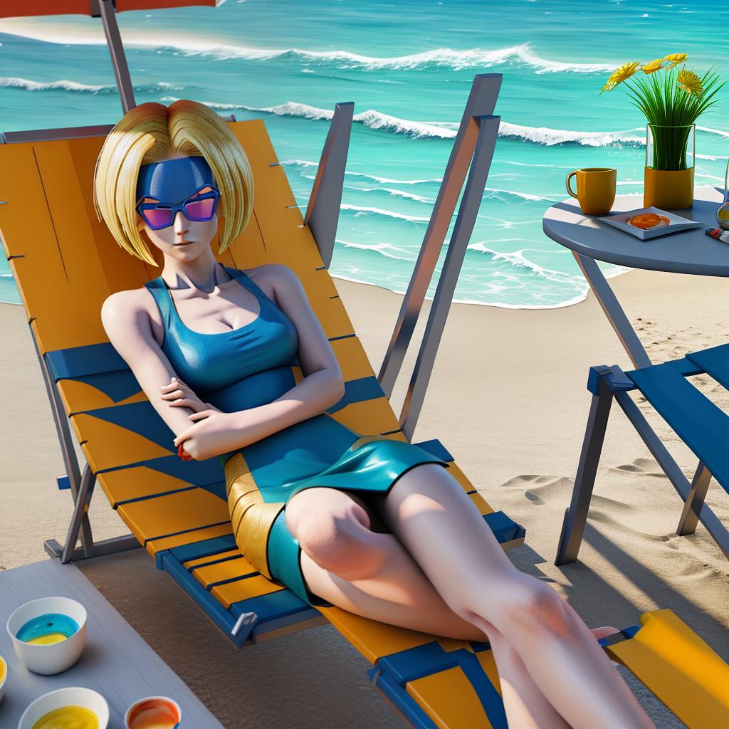  masterpiece, best quality, Dragon Ball android 18, by the sea, lying on a beach chair 3D painting style