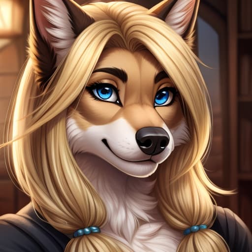  Anthro, Female, German Shepard, blue eyes, blond hair, open eyes, digital art, masterpiece, 4k, fine details,