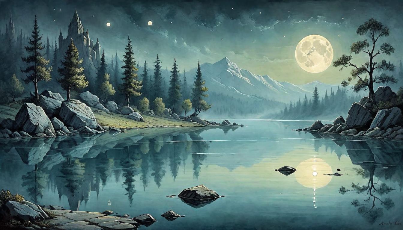  on parchment, surrealism+++, A serene lake reflecting moonlight, undisturbed by the stones being cast into it embodying non reactivity. Mirror of tranquility, rippleless resolve. Calm waters, undisturbed serenity(mysterious, provocative, symbolic,muted color)+++