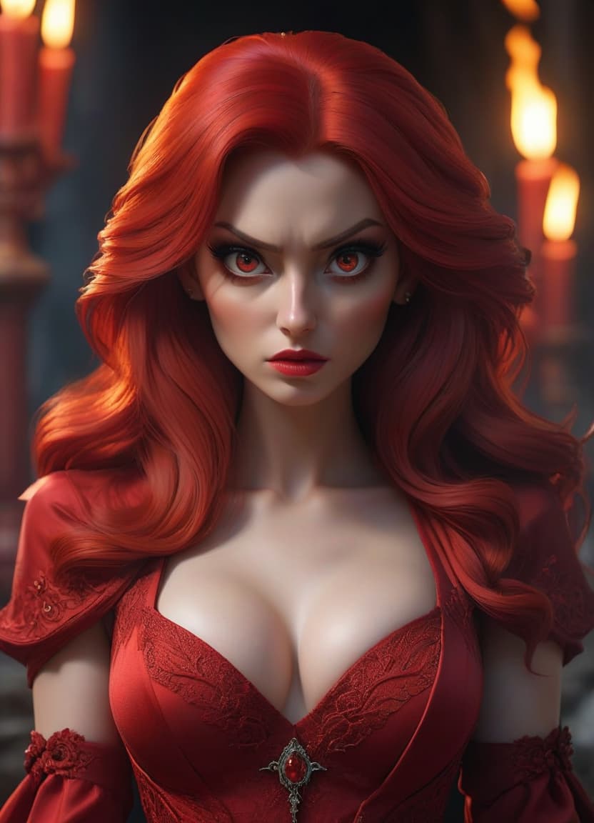  A girl demon with red hair and eyes, a calm face, and red clad in a closed dress, before an image of hell. hyperrealistic, full body, detailed clothing, highly detailed, cinematic lighting, stunningly beautiful, intricate, sharp focus, f/1. 8, 85mm, (centered image composition), (professionally color graded), ((bright soft diffused light)), volumetric fog, trending on instagram, trending on tumblr, HDR 4K, 8K