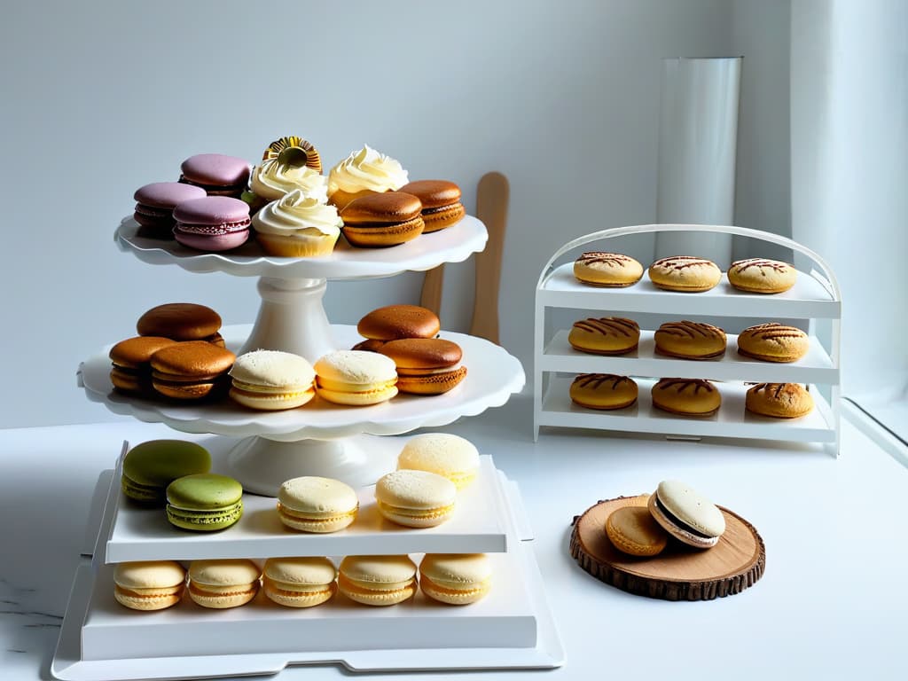  A minimalistic image of a pristine, white kitchen countertop adorned with an array of freshly baked glutenfree pastries such as delicate macarons, fluffy cupcakes, and artisanal loaves of bread. The pastries are artfully arranged on elegant serving platters and exude a sense of craftsmanship and attention to detail. The soft, natural light streaming in from a nearby window highlights the textures and colors of the pastries, creating a serene and inviting atmosphere that perfectly captures the essence of glutenfree baking. hyperrealistic, full body, detailed clothing, highly detailed, cinematic lighting, stunningly beautiful, intricate, sharp focus, f/1. 8, 85mm, (centered image composition), (professionally color graded), ((bright soft diffused light)), volumetric fog, trending on instagram, trending on tumblr, HDR 4K, 8K