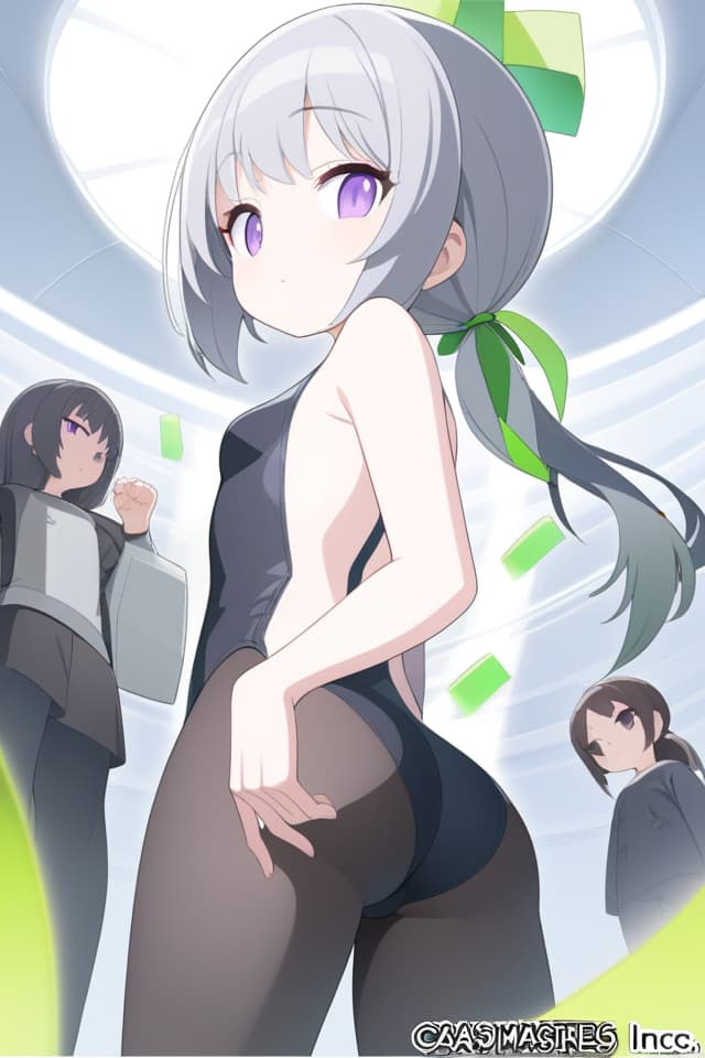  (Silver Color Low Ponytail: 1.2), BREAK, ((Cats Ear: 1.2, Put A Big Green Color Ribbon on The Head: 1.4)), (Purple Eyes, JITOME: 1.4) ((Black ONE PIECE: 1.6), BLACK TIGHTS, FROM BELOW, LOOKING BACK, (Absurdres, masterpieces, ultimate quality), official art, aesthetic, (diffusion lighting, environmental lighting), detailed skin textures, best shadows, Very detailed, colorful, 8K Wallpaper, Raw Photoristic Detailed, Dutch Angle, 💩, 💩,