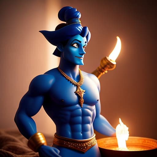  A genie Aladdin, appearing from the lamp hyperrealistic, full body, detailed clothing, highly detailed, cinematic lighting, stunningly beautiful, intricate, sharp focus, f/1. 8, 85mm, (centered image composition), (professionally color graded), ((bright soft diffused light)), volumetric fog, trending on instagram, trending on tumblr, HDR 4K, 8K
