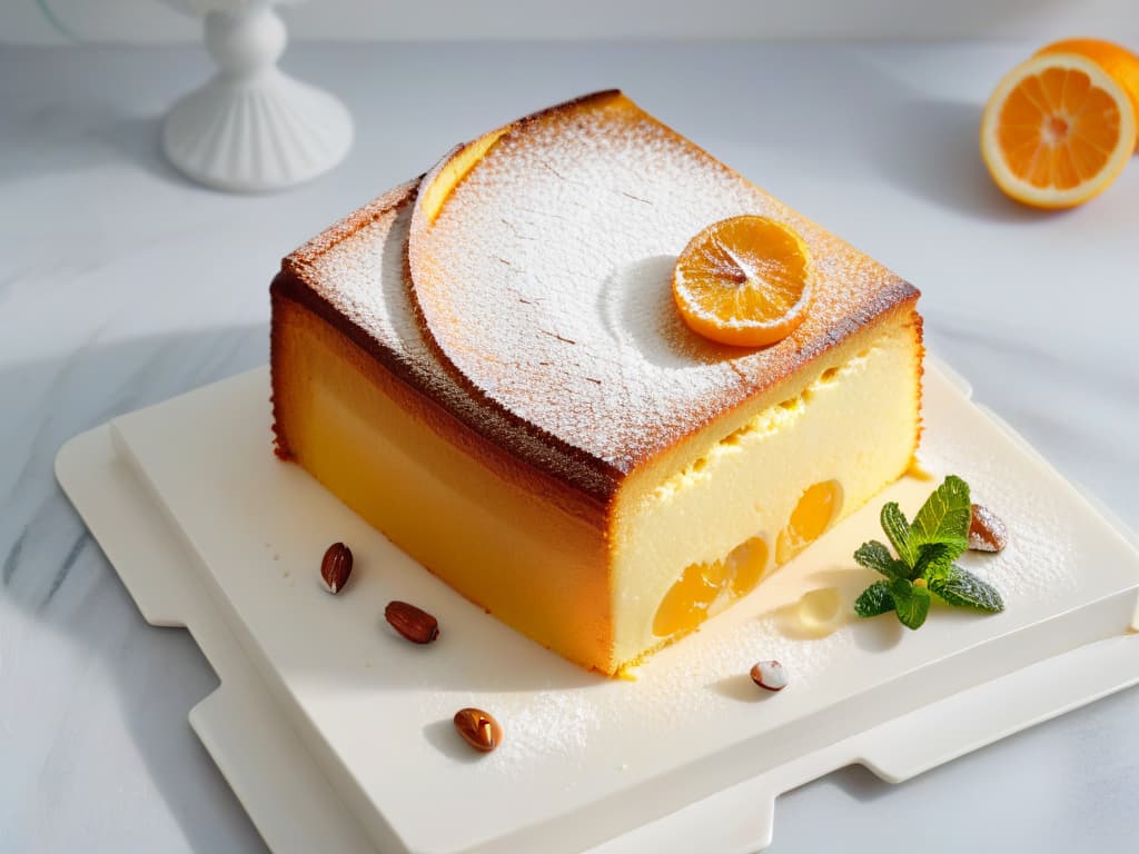  An 8k ultradetailed image of a simple, elegant slice of orange and almond cake on a sleek, modern white plate. The cake is moist and golden, with visible specks of almond throughout, topped with a light dusting of powdered sugar and a sprig of fresh mint for a pop of color. The plate sits on a marble countertop, with soft, natural light casting gentle shadows, creating a serene and inviting scene that perfectly captures the essence of a delicious orange and almond cake. hyperrealistic, full body, detailed clothing, highly detailed, cinematic lighting, stunningly beautiful, intricate, sharp focus, f/1. 8, 85mm, (centered image composition), (professionally color graded), ((bright soft diffused light)), volumetric fog, trending on instagram, trending on tumblr, HDR 4K, 8K