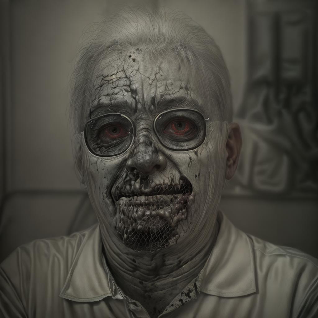  portrait of a man transformed into a zombie, pale decaying skin, sunken eyes, tattered clothes, horror theme, hyperrealistic, dark atmosphere ar 1:1, high resolution, sharp focus, (perfect image composition), ((masterpiece)), (professionally color graded), ((bright soft diffused light))