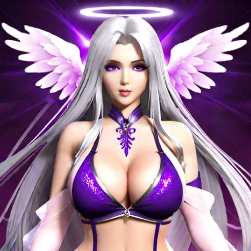  voluptuous angel bimbo,  long silver hair, purple eyes, enormous tits covered in cum, nsfw, overflowing revealing cleavage, giving a titfuck, purple lingerie