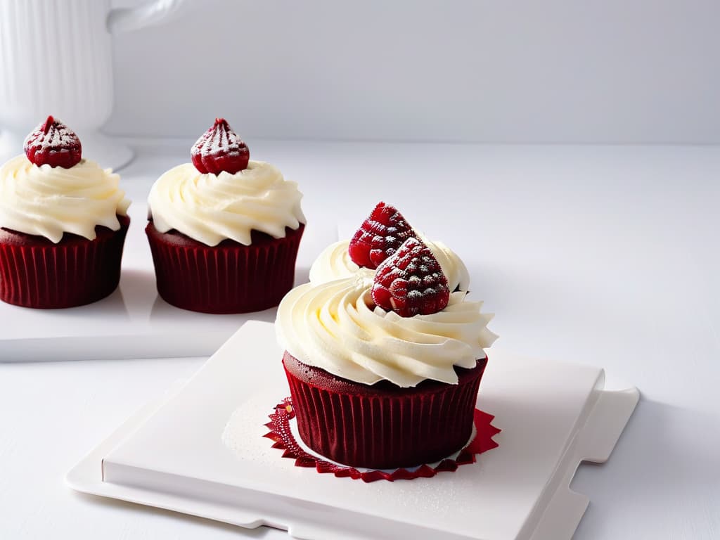  An impeccable photorealistic image of a decadent red velvet cupcake, topped with a swirl of cream cheese frosting and garnished with delicate red velvet cake crumbs and a fresh raspberry on a pristine white plate, set against a softfocus background of a stylish, modern kitchen. The cupcake is perfectly lit to showcase its moist crumb texture and rich red color, inviting the viewer to indulge in its luxurious allure. hyperrealistic, full body, detailed clothing, highly detailed, cinematic lighting, stunningly beautiful, intricate, sharp focus, f/1. 8, 85mm, (centered image composition), (professionally color graded), ((bright soft diffused light)), volumetric fog, trending on instagram, trending on tumblr, HDR 4K, 8K