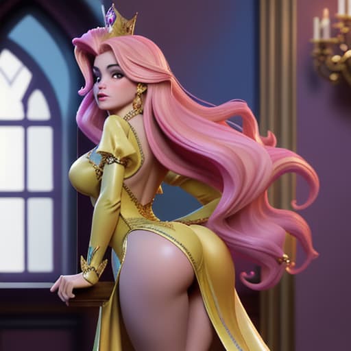  Sofia Vergara as a fantasy Disney queen in bodytight and skinny pink-yellow short and opulent dress,seen from the back leaning towards palace window,her ass up,watching her Middle Earth- like kingdom